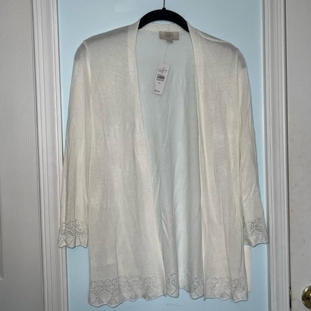 LOFT ivory cream white lightweight cardigan with laser cut floral trim detail